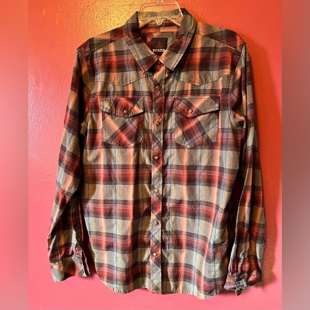 Prana Mens Shirt Snap Front Pockets Sleeves Size L Western Yoke awesome colors